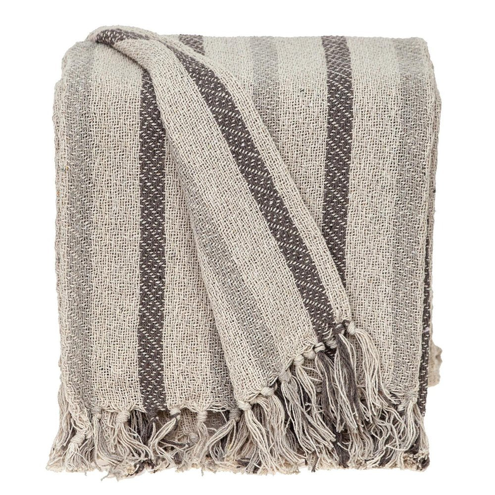 67" X 52" Beige And Taupe Cotton Woven Striped Throw Blanket with Fringe