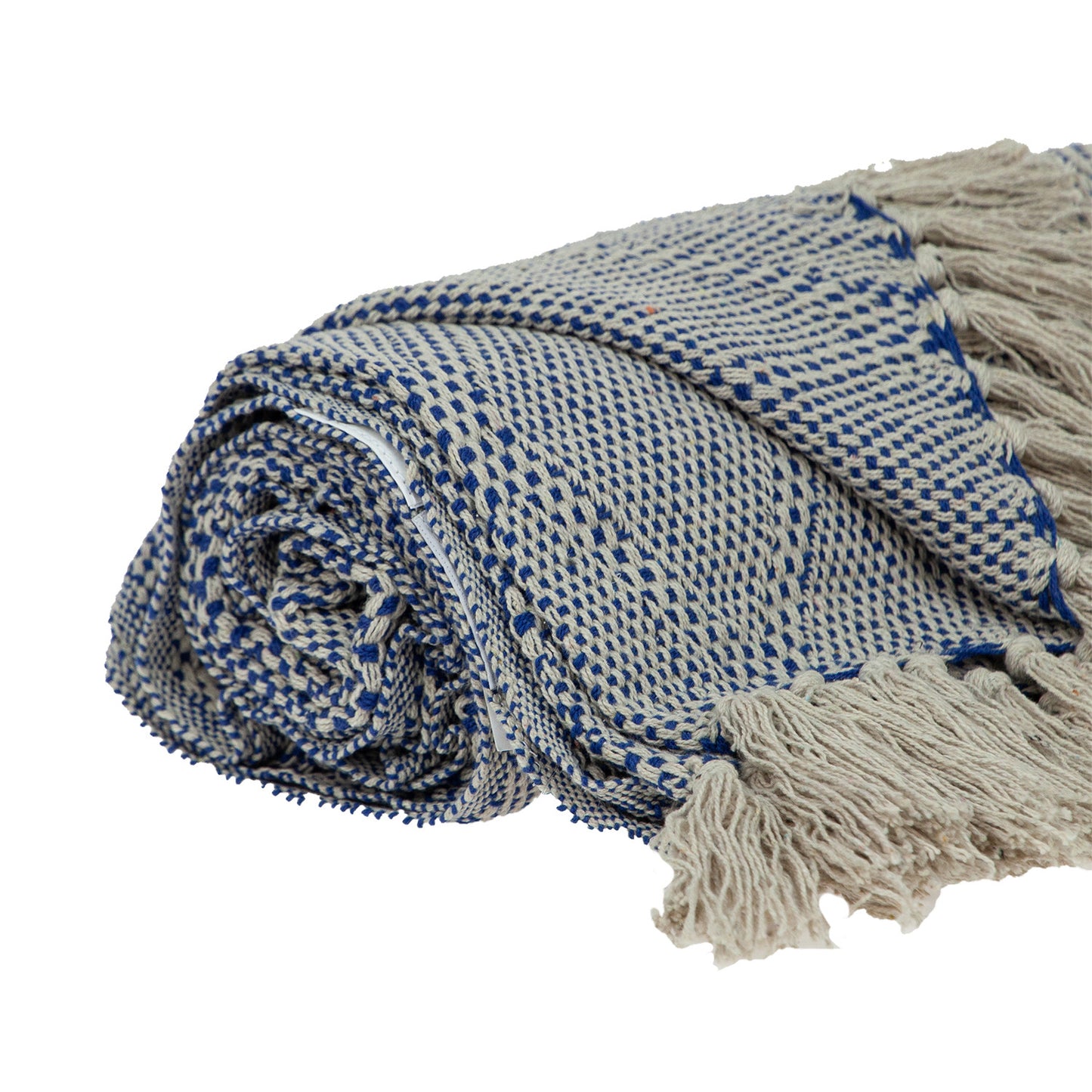 Blue and Beige Woven Handloom Throw with Tassels