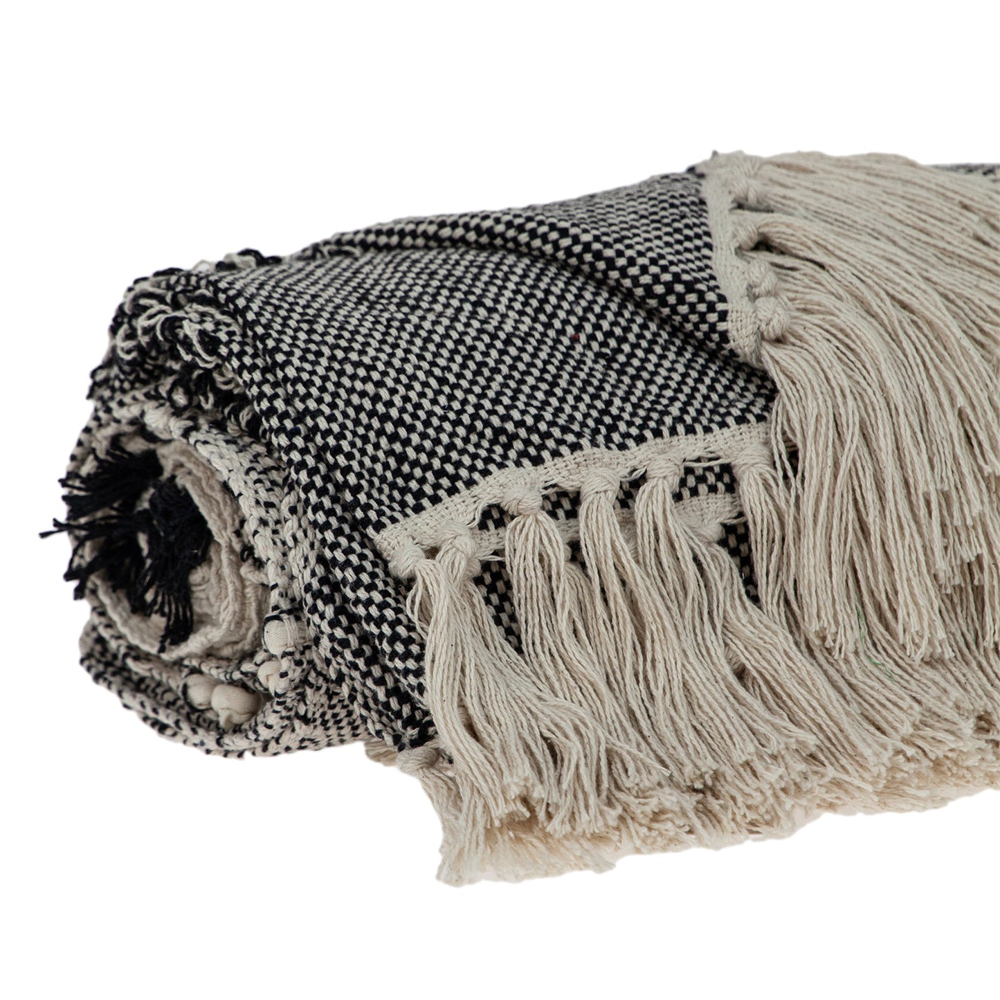 Boho Beige and Black Handloom Weave Throw with Decorative Tassels