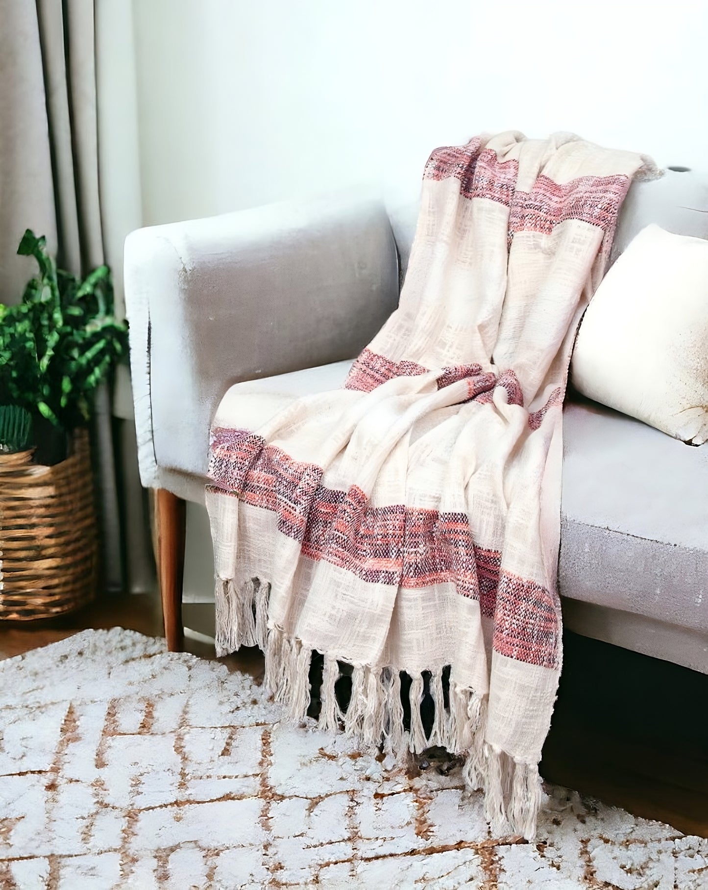 Beige and Shades of Pink Strips Woven Handloom Throw Blanket