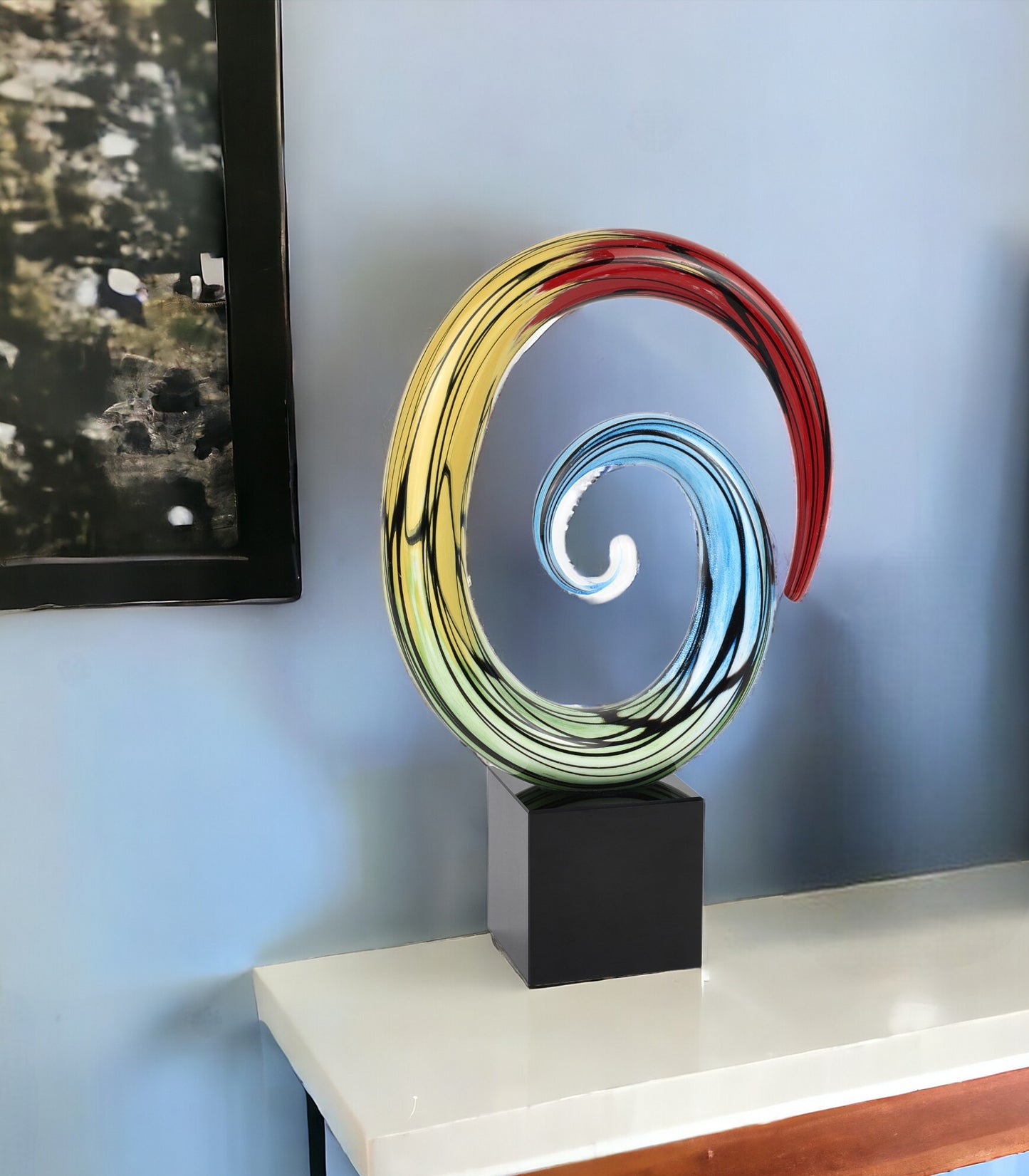 7" Blue and Red Murano Glass Hand Painted Modern Abstract Tabletop Sculpture