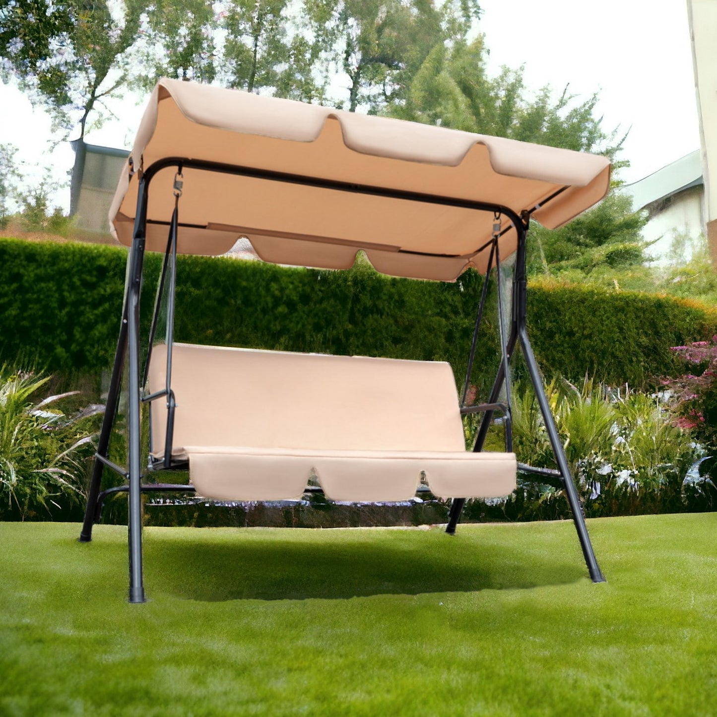 65" Beige and Black Steel Indoor Outdoor Swing Chair with Beige Cushion