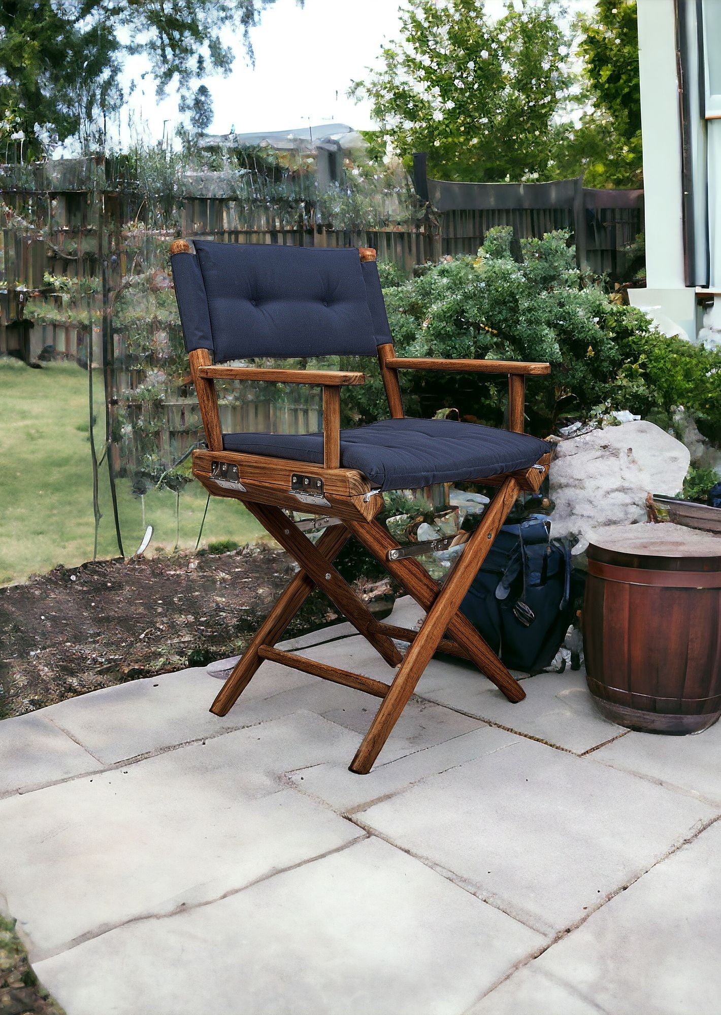 23" Navy Blue and Brown Solid Wood Indoor Outdoor Director Chair with Navy Blue Cushion