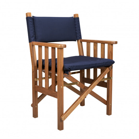 20" Navy Blue and Natural Wood Solid Wood Indoor Outdoor Director Chair with Navy Blue Cushion
