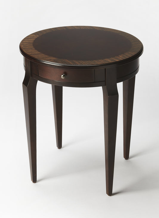 24" Dark Brown Wood And Wood Round End Table With Drawer