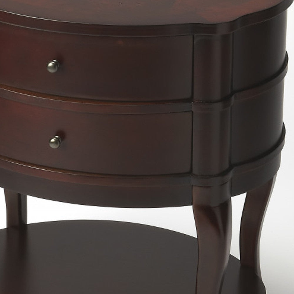 26" Dark Brown And Cherry Solid And Manufactured Wood Oval End Table With Two Drawers And Shelf