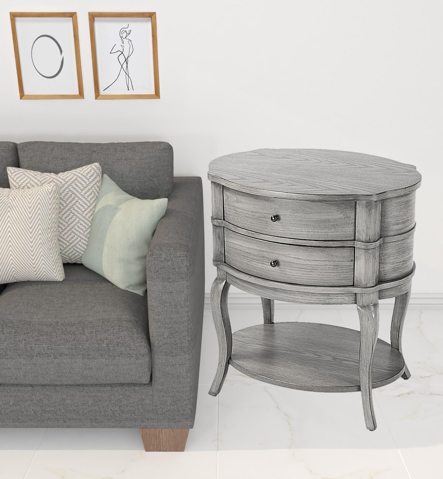 26" Gray Wood Oval End Table With Two Drawers And Shelf