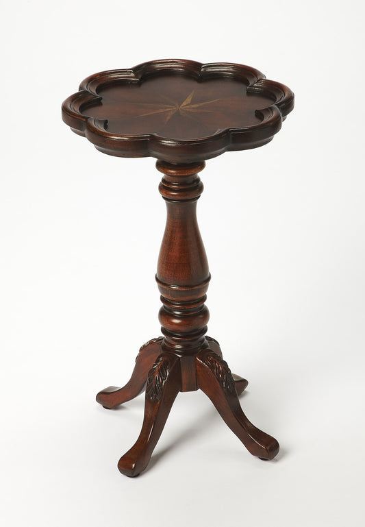 20" Dark Brown And Cherry Wood Floral Top End Table