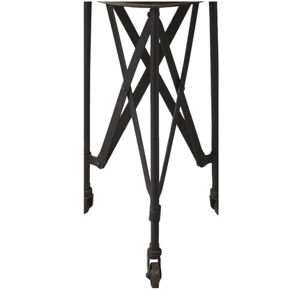 Black metal table base with crisscross X legs and caster wheels, industrial-style desk stand.