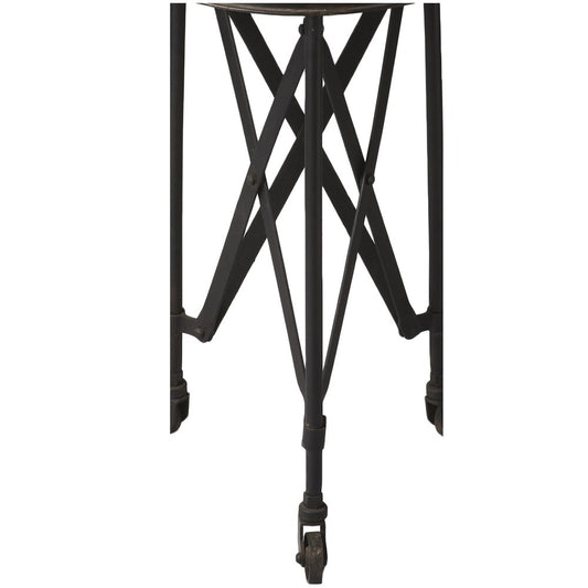 Black metal table base with crisscross X legs and caster wheels, industrial-style desk stand.