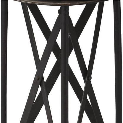 Black metal round-top side table with crisscross X-frame legs, industrial style.