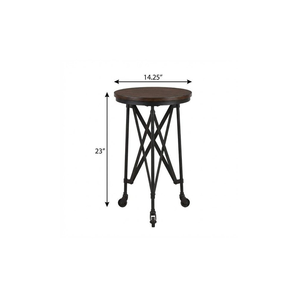 Round dark wood top on black metal crisscross legs with casters; industrial end table, 23" high, 14.25" diameter.