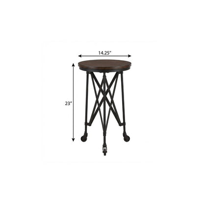 Round dark wood top on black metal crisscross legs with casters; industrial end table, 23" high, 14.25" diameter.