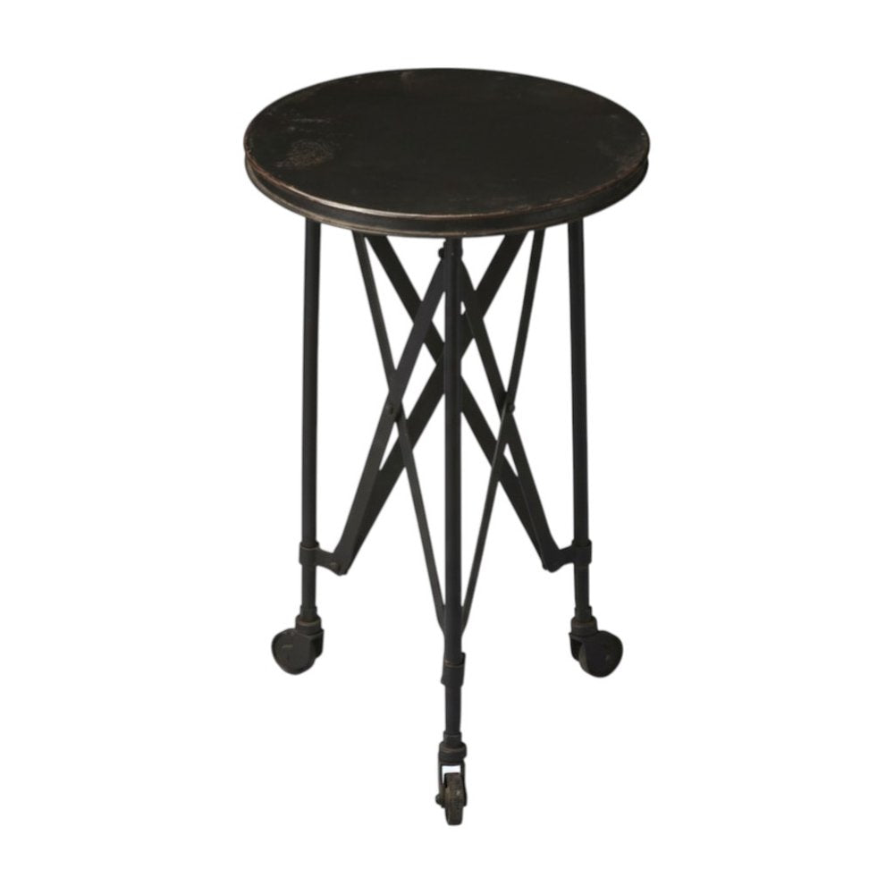 Round dark wood-top end table with black metal frame, intersecting cross braces, and caster wheels.