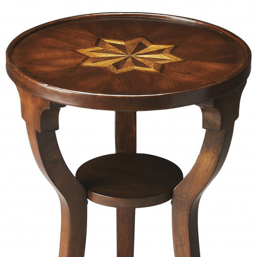 24" Wood Brown Wood And Solid Wood Round End Table With Shelf