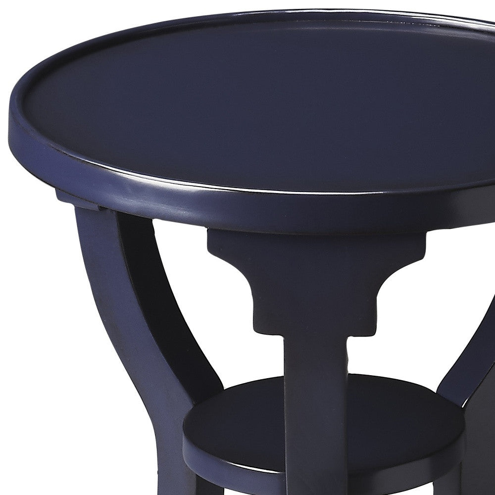 24" Blue Wood And Solid Wood Round End Table With Shelf