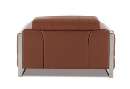 48" Camel And Silver Italian Leather Arm Chair