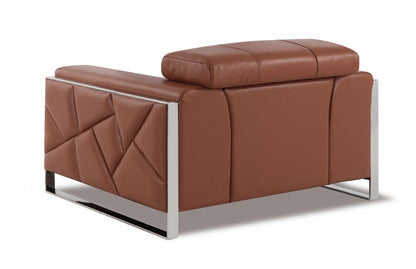 48" Camel And Silver Italian Leather Arm Chair
