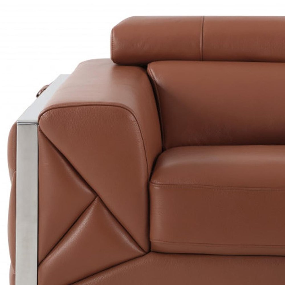 48" Camel And Silver Italian Leather Arm Chair