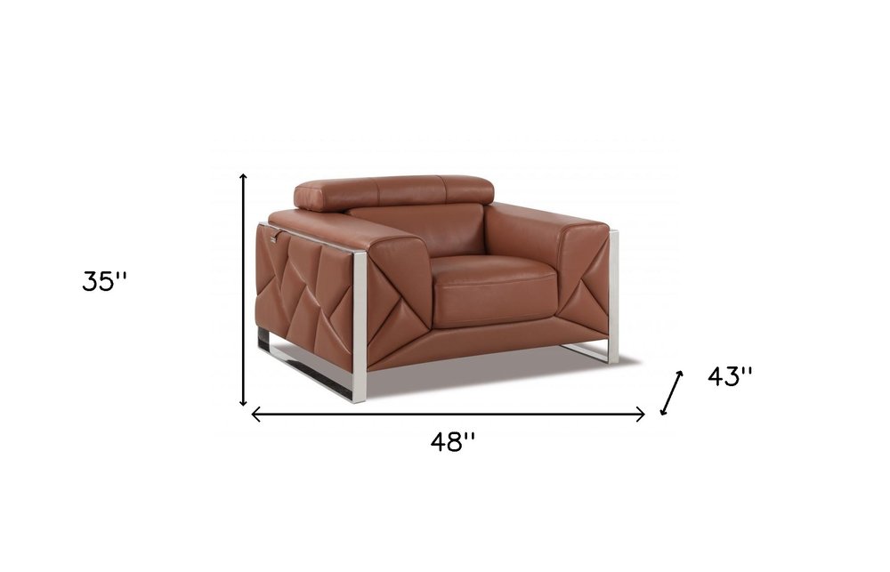 48" Camel And Silver Italian Leather Arm Chair