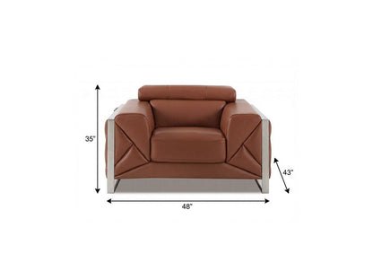 48" Camel And Silver Italian Leather Arm Chair