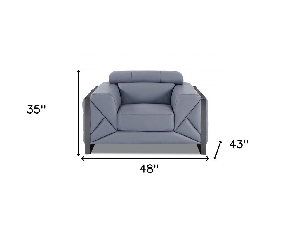 48" Light Blue And Black Italian Leather Arm Chair