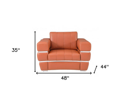 48" Camel And Silver Italian Leather Arm Chair