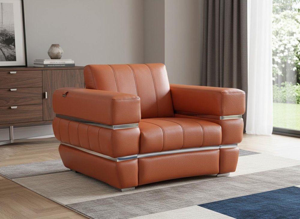 48" Camel And Silver Italian Leather Arm Chair