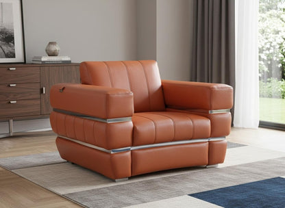 48" Camel And Silver Italian Leather Arm Chair