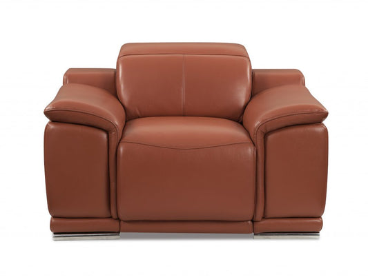 48" Camel And Silver Italian Leather Arm Chair
