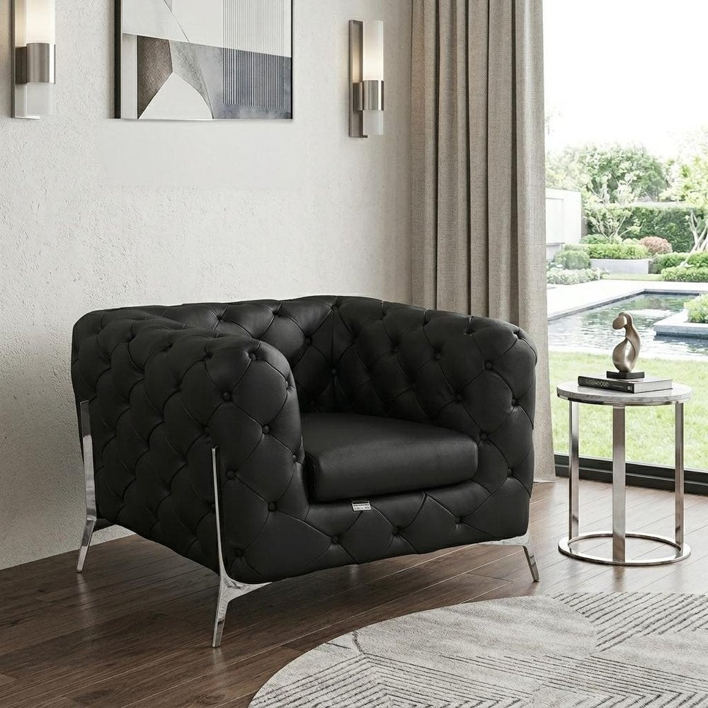 45" Black And Silver Italian Leather Tufted Chesterfield Chair