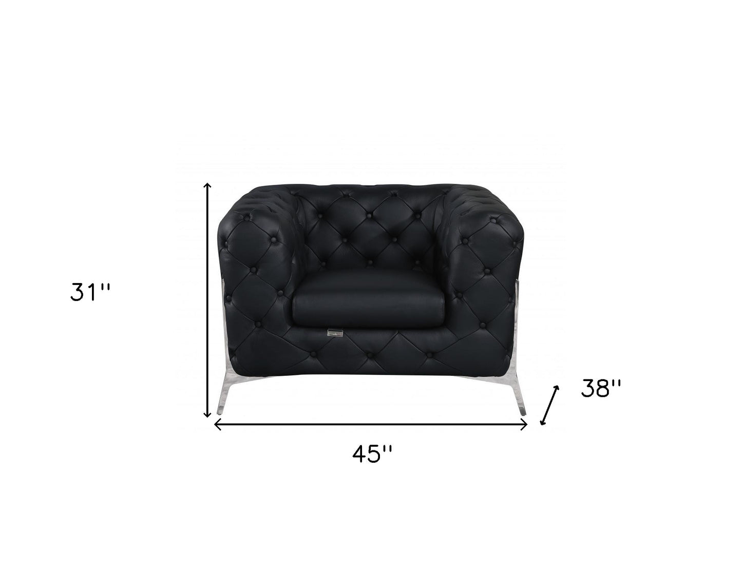 45" Black And Silver Italian Leather Tufted Chesterfield Chair