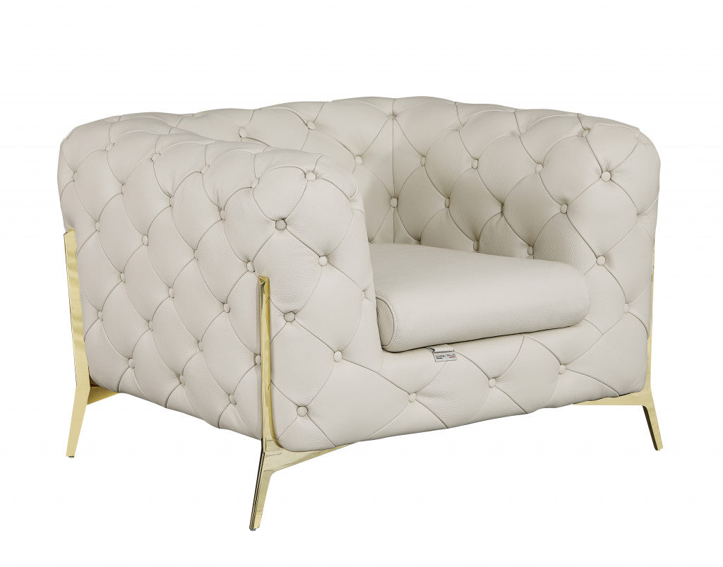 45" Beige And Gold Italian Leather Tufted Chesterfield Chair