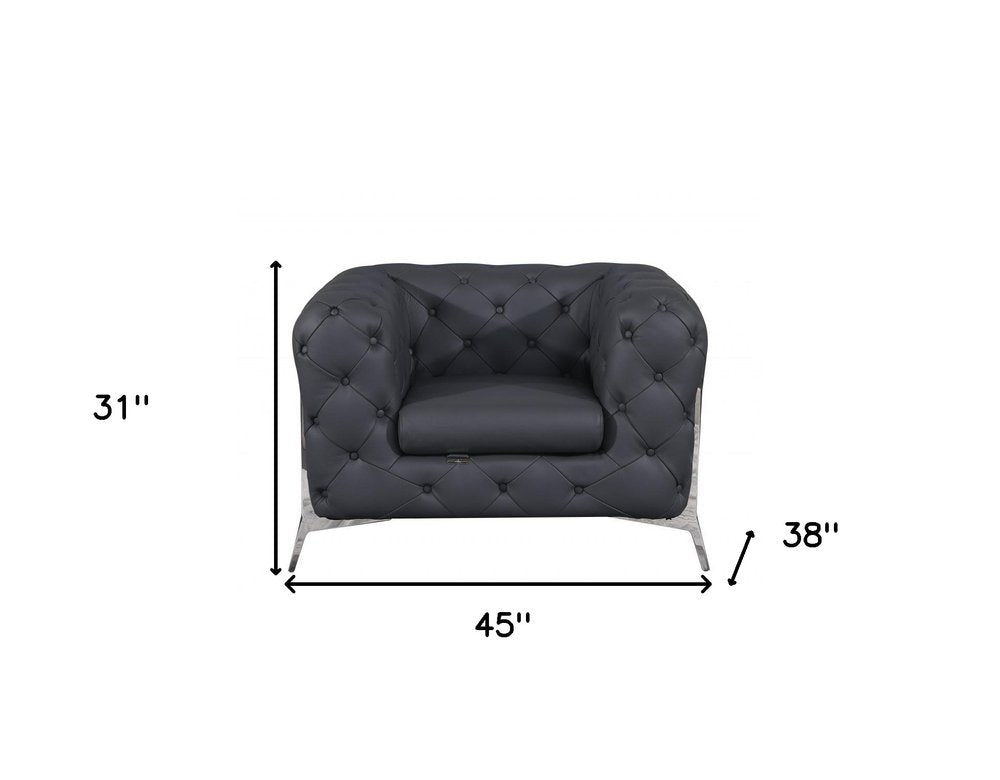 45" Dark Slate Gray And White Italian Leather Arm Chair