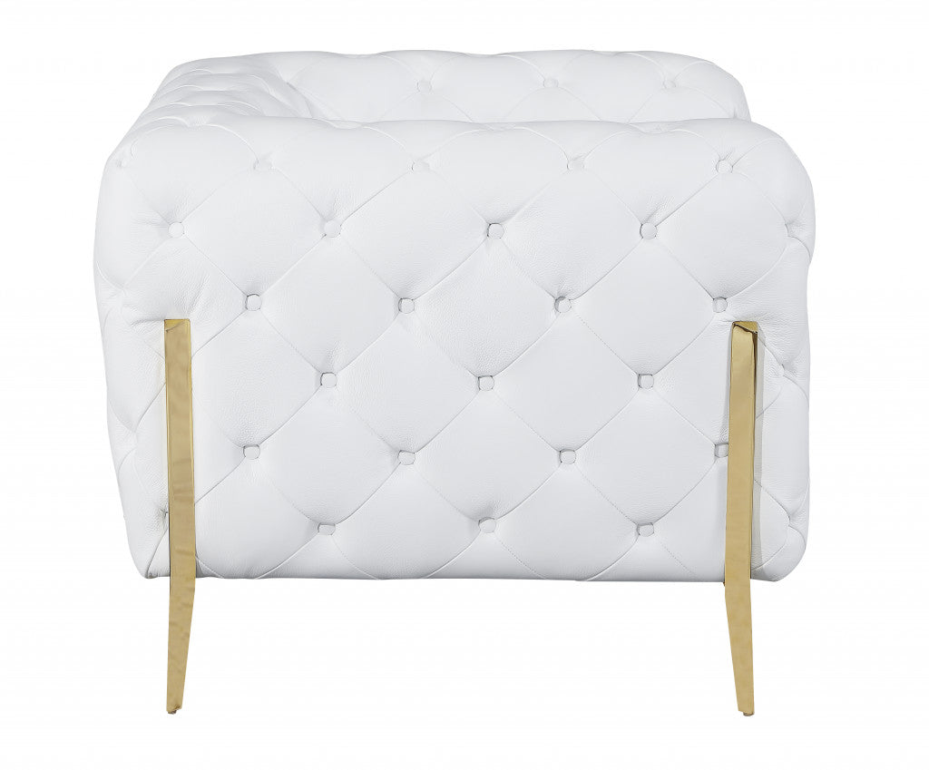 Glam White and Gold Tufted Leather Armchair