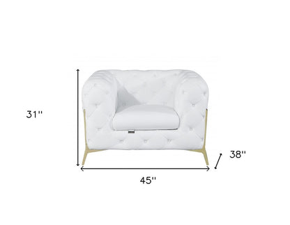 45" White And Gold Italian Leather Arm Chair