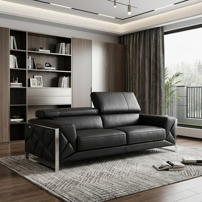 89" Black Italian Leather Sofa With Silver Legs