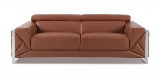 89" Camel Italian Leather Sofa With Silver Legs