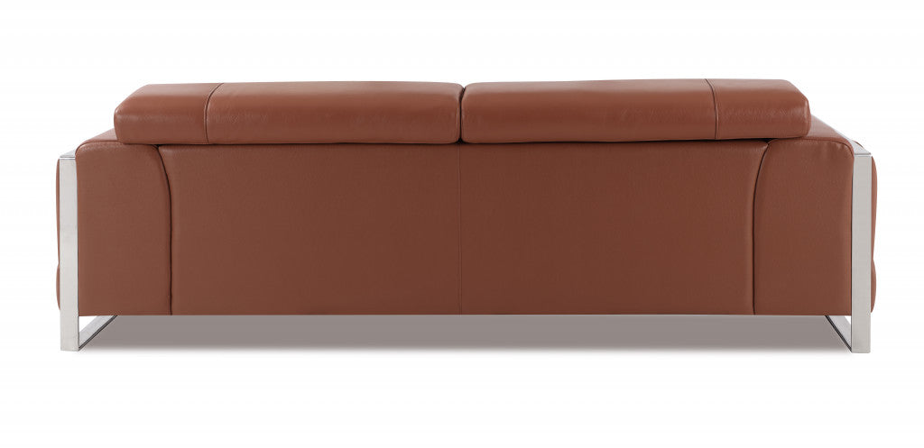 89" Camel Italian Leather Sofa With Silver Legs