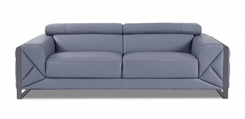 89" Light Blue Italian Leather Sofa With Chrome Legs