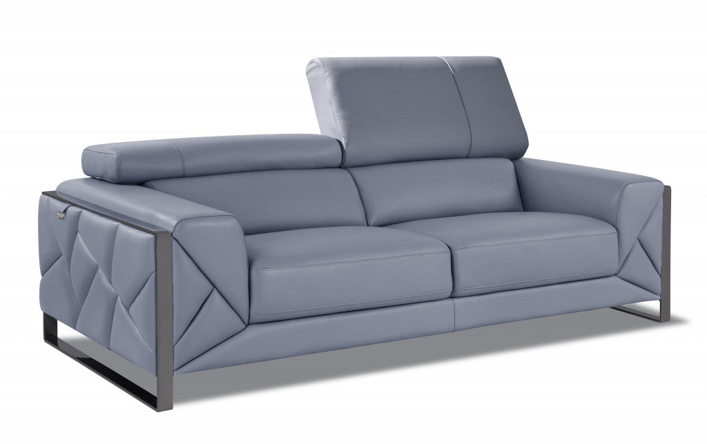 89" Gray Italian Leather Sofa With Silver Legs
