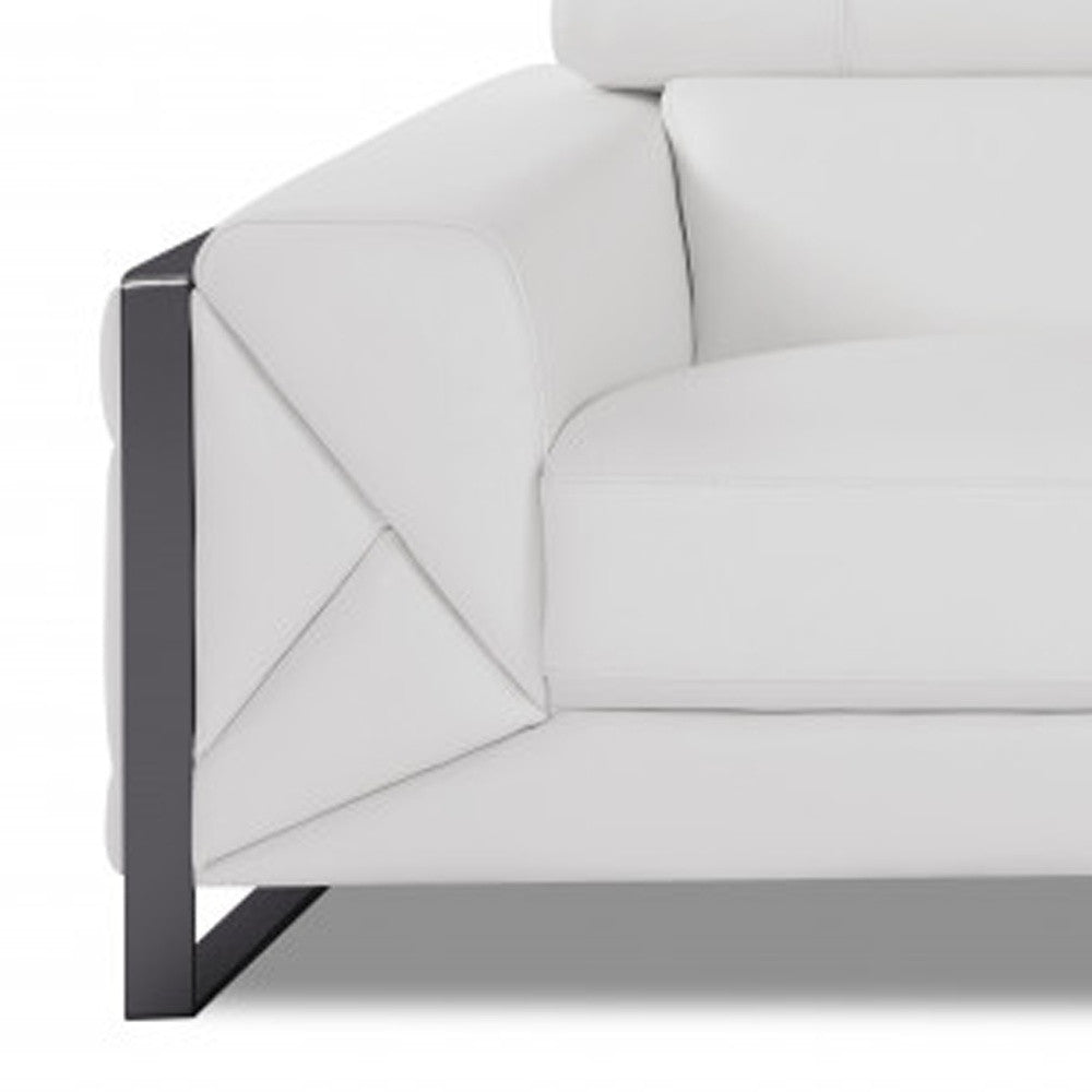 89" White Italian Leather Sofa With Silver Legs