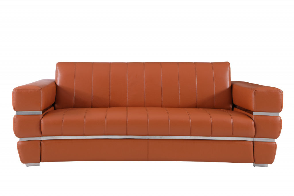 89" Brown Italian Leather Sofa With Silver Legs