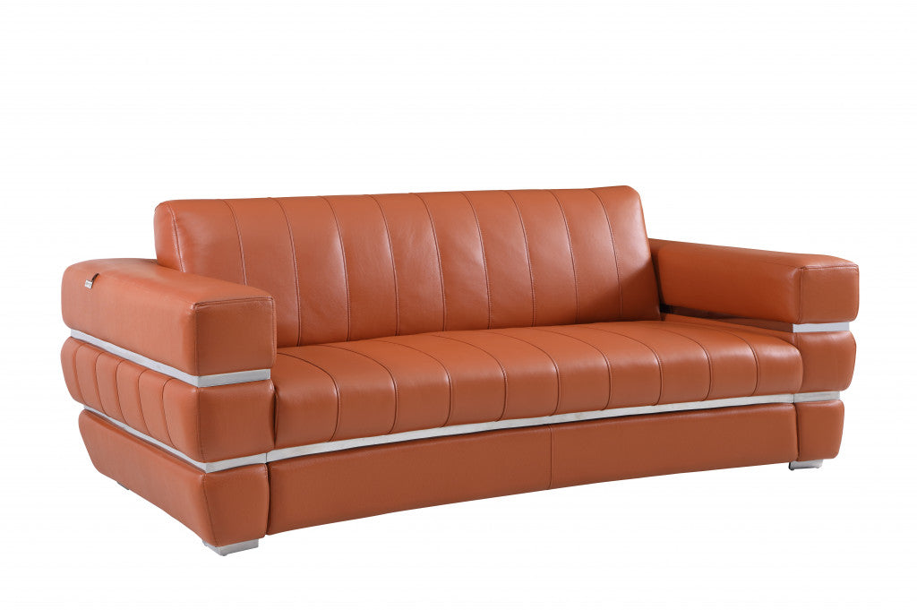 89" Brown Italian Leather Sofa With Silver Legs