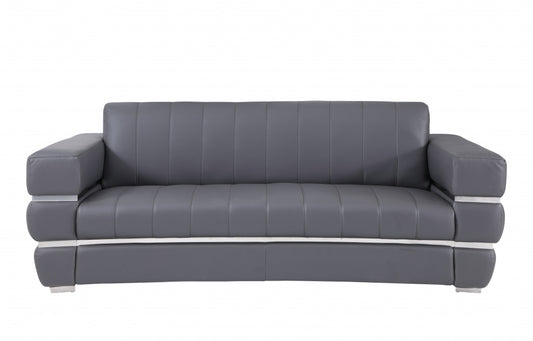 89" Dark Gray Italian Leather Sofa With Silver Legs