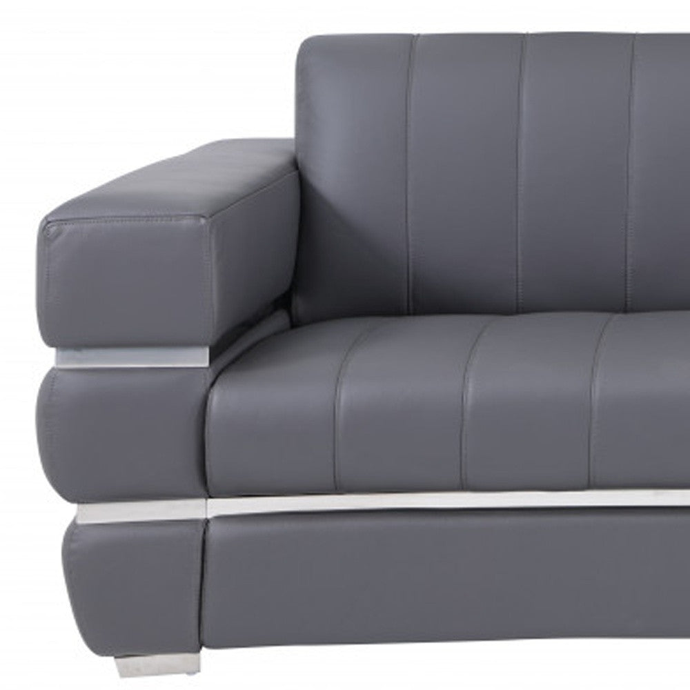 89" Dark Gray Italian Leather Sofa With Silver Legs