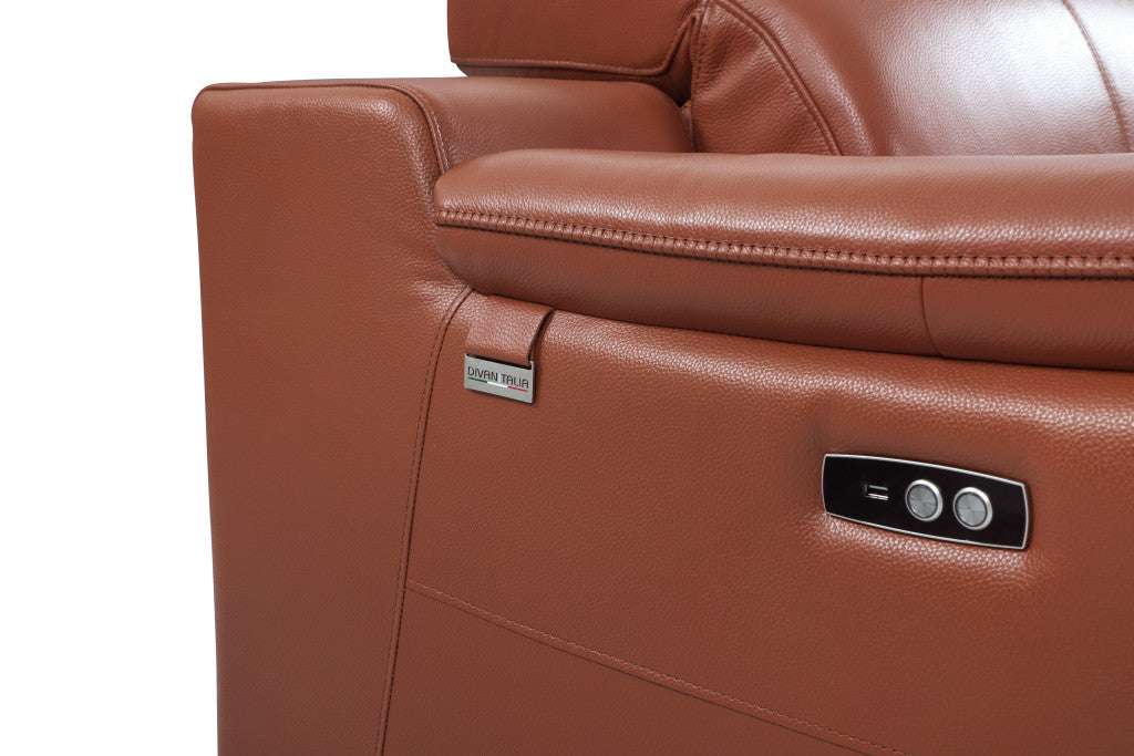 86" Camel Italian Leather USB Sofa With Silver Legs