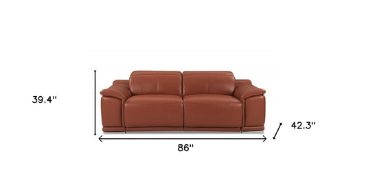 86" Camel Italian Leather USB Sofa With Silver Legs