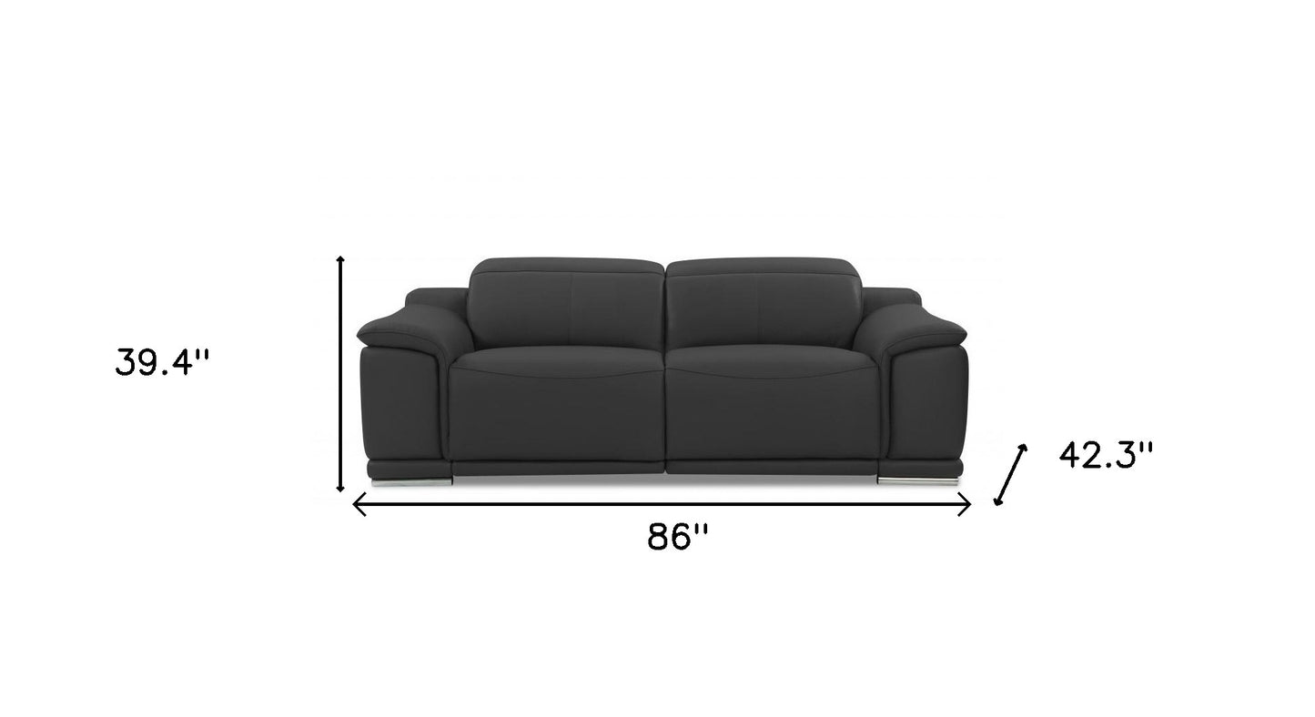 86" Dark Gray Italian Leather USB Sofa With Silver Legs