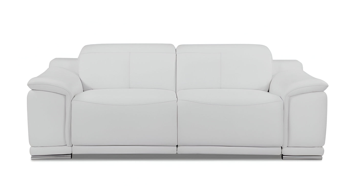 86" White Italian Leather USB Reclining Sofa With Silver Legs